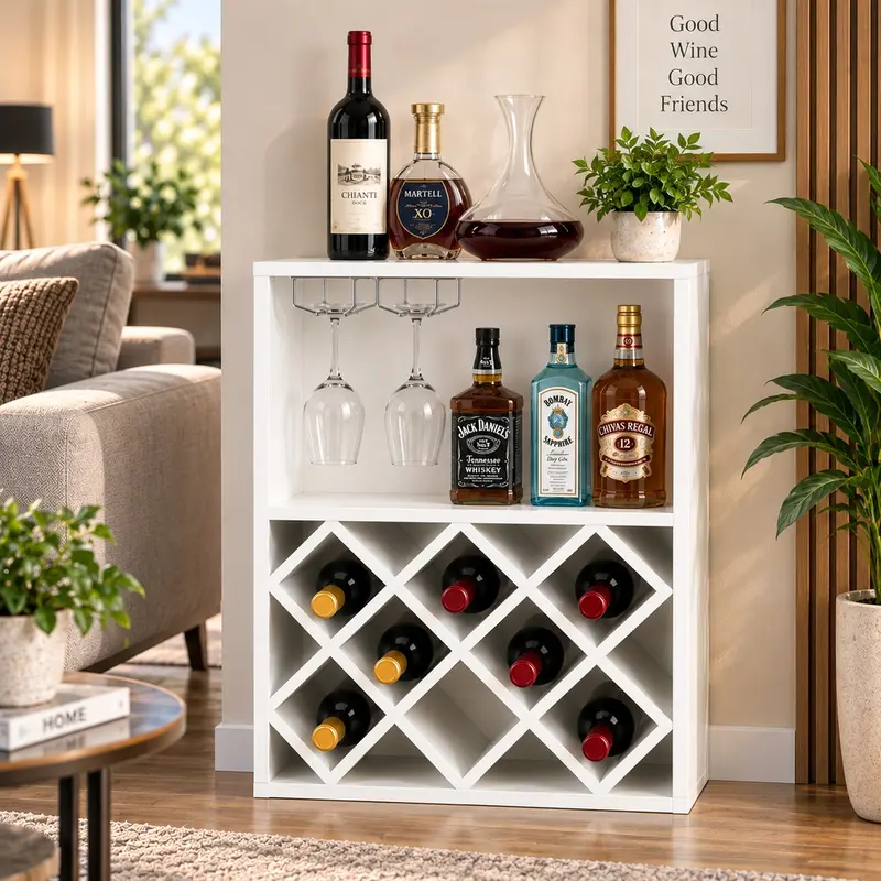 Mobile Bar Cantinetta Vino in Legno Porta Bottiglie 8 Posti e Porta Calici Bianco