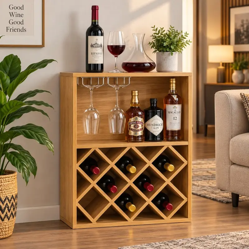Mobile Bar Cantinetta Vino in Legno Porta Bottiglie 8 Posti e Porta Calici Marrone