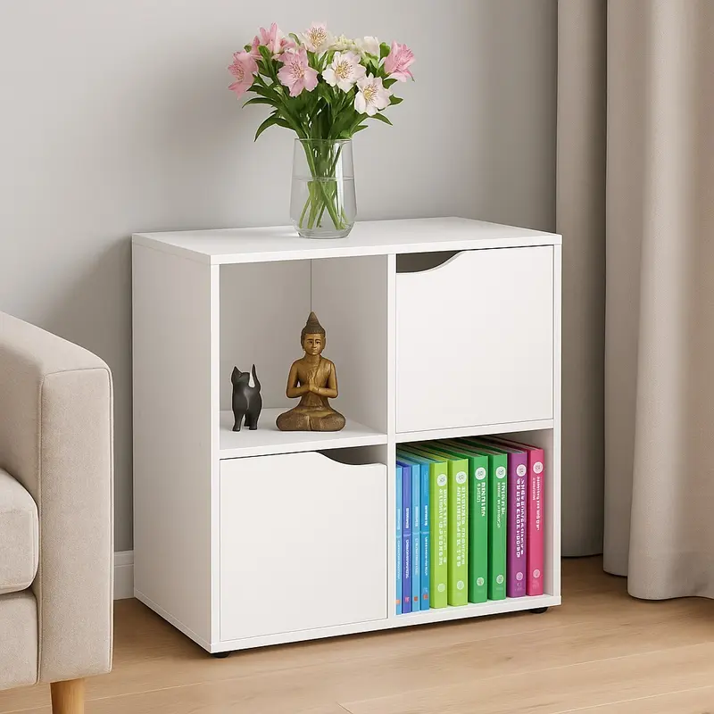 Mobile Base Libreria Bassa 4 Ripiani 2 Ante Legno MDF 60x29x60 Design Moderno Bianco