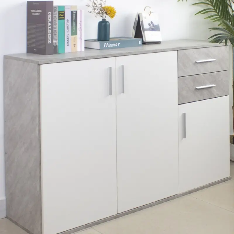 Mobile Cassettiera Moderna 3 Porte 2 Cassetti Design Minimal Bianco Cemento 120cm