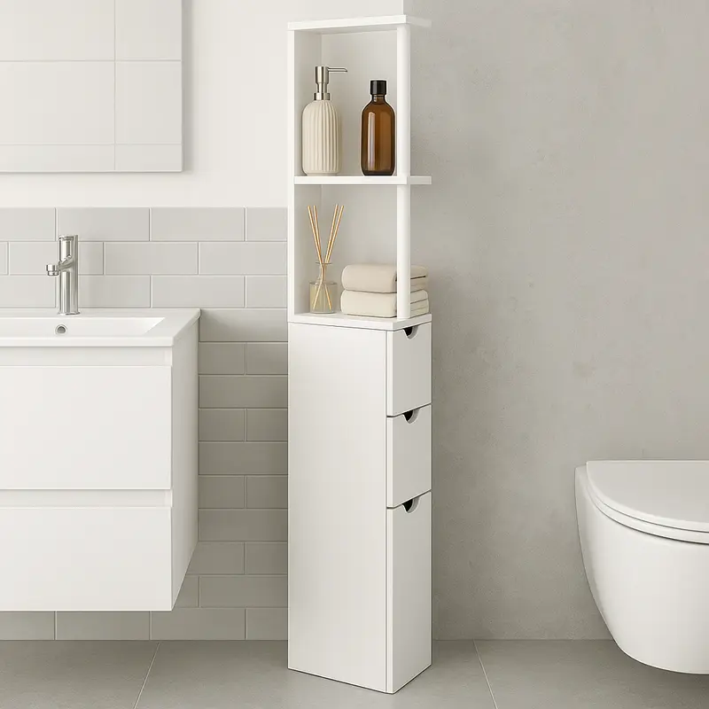 Mobile Colonna Bagno Salvaspazio Legno Mdf Bianco 3 Cassetti 2 Ripiani 136cm