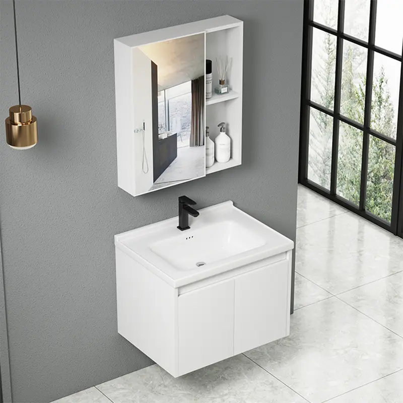 Mobile da Bagno Sospeso 60 cm con Lavabo Ceramica, Specchio e Rubinetto Incluso