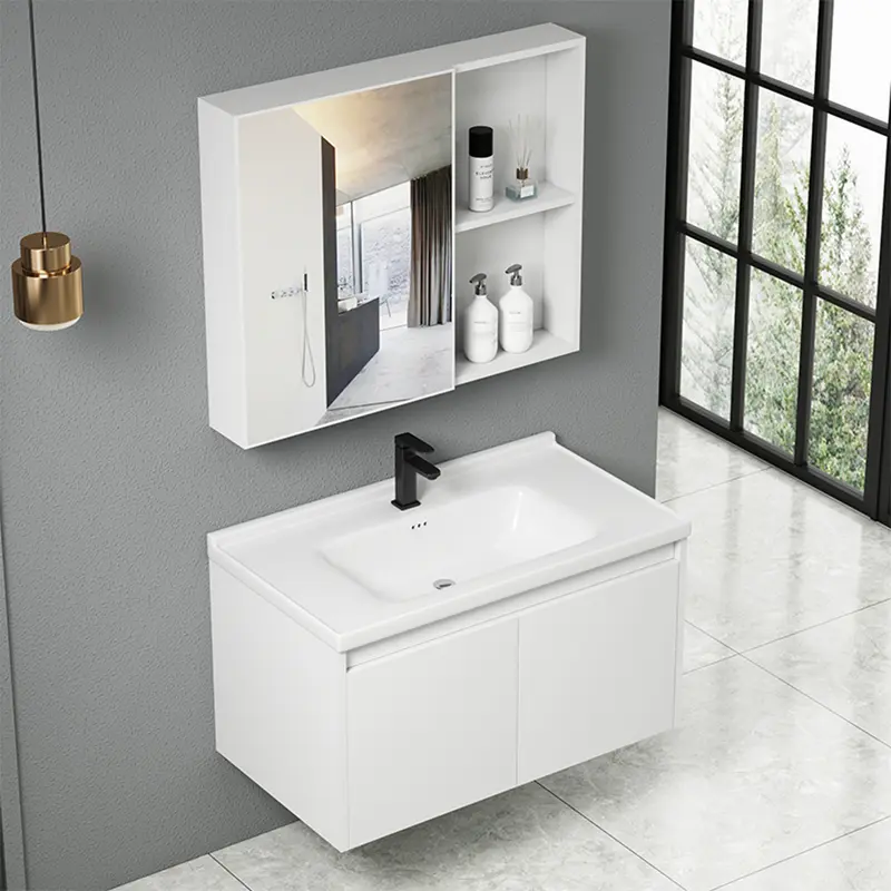Mobile da Bagno Sospeso 80 cm con Lavabo Ceramica, Specchio e Rubinetto Incluso