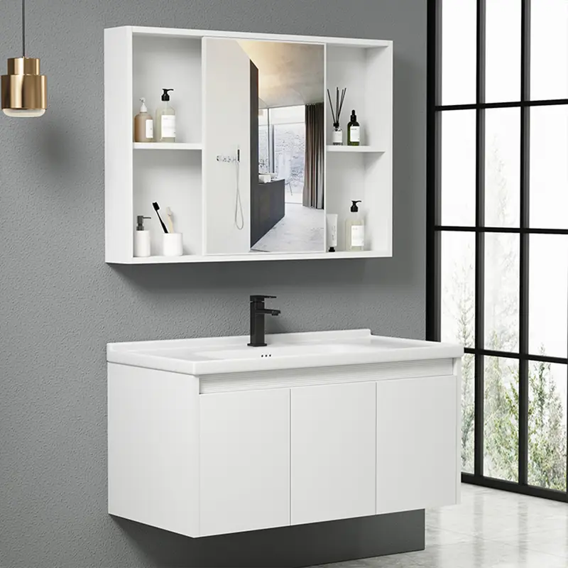 Mobile da Bagno Sospeso 90 cm con Lavabo Ceramica, Specchio e Rubinetto Incluso
