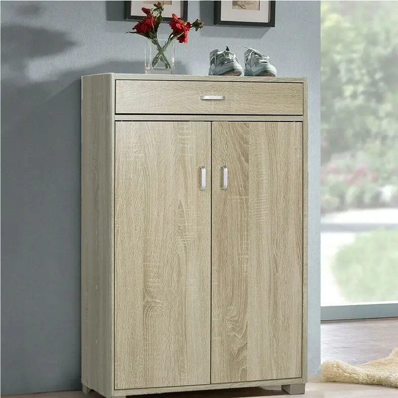 Mobile Multiuso in Legno 2 Ante 1 Cassetto 4 Ripiani Porta Scarpe 63x33H95cm Quercia