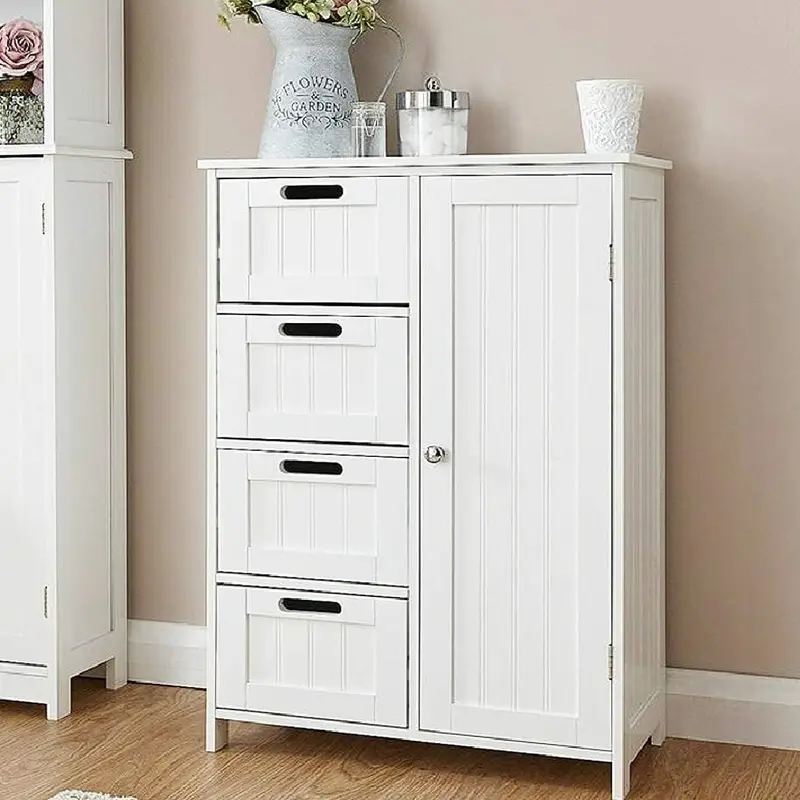 Mobile Multiuso Salvaspazio 4 Cassetti 1 Anta 55x30 H81 cm in Legno MDF Bianco