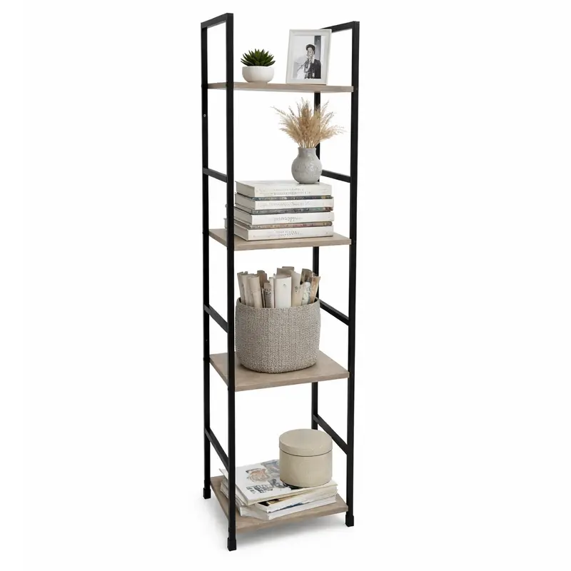 Mobile Scaffale Industrial 4 Ripiani Metallo Nero Legno Mdf Rovere 29x24 H112cm