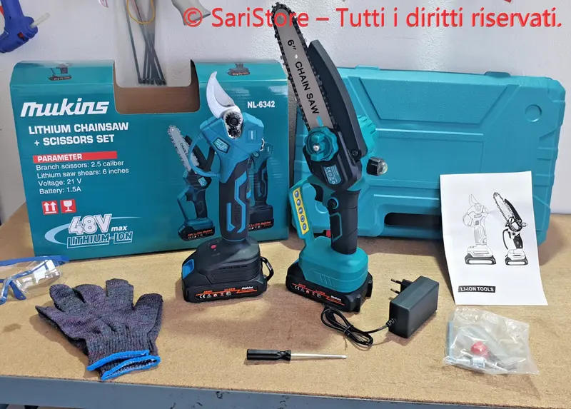 Motosega 6" e Forbice Cesoia Potatura a Batteria Valigetta 2 Batterie 48v