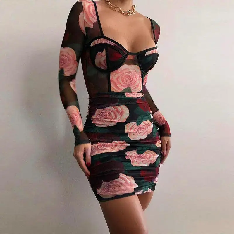 Net Yarn Rose Flower Long-sleeved Women Dress