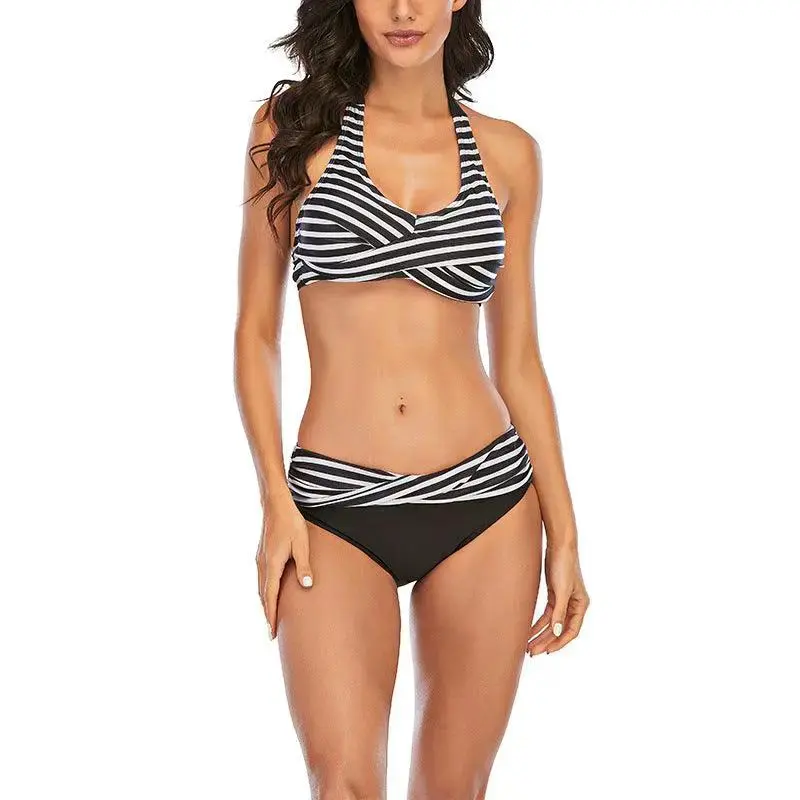 New European And American Style Women Bikini Navy Striped Fashion Split Bikini Swimwear Swimsuit
