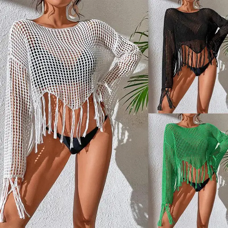New Knitted Hollow Tassel Blouse Seaside Vacation Beachwear Bikini Swimsuit Sun Protection Blouse