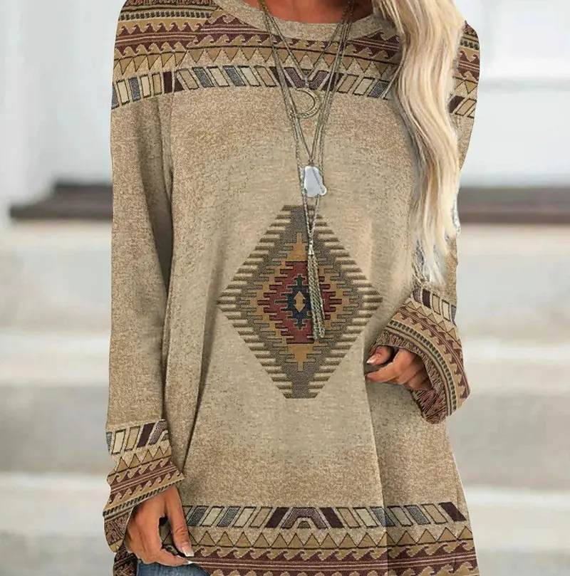 New Long T-shirt Dress Retro Ethnic Style