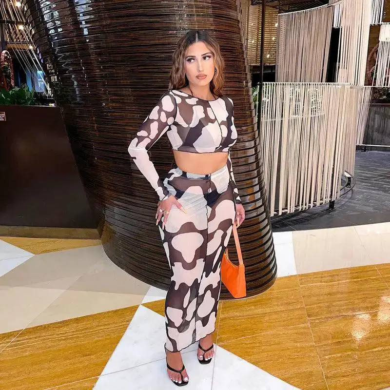New Mesh Printing Navelless Long-sleeved Slim Dress Suit