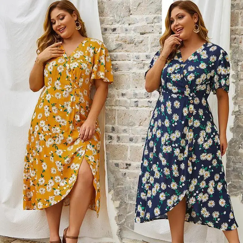 New Plus Size Dress Vintage Women Flower Print Dresses