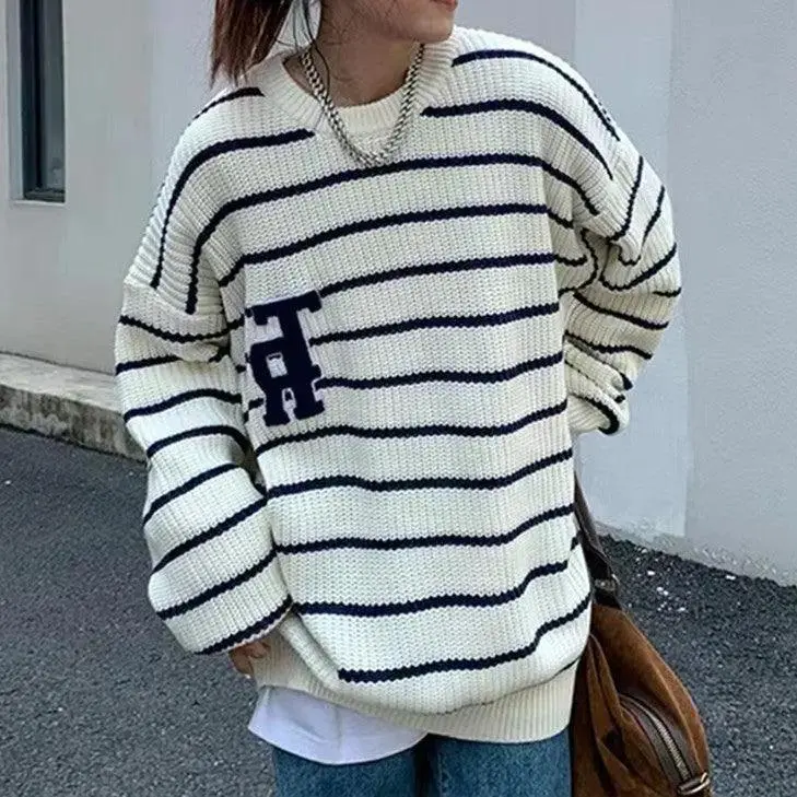New Retro Japanese Striped Letters Loose Pullover Outerwear Long-sleeved Tops