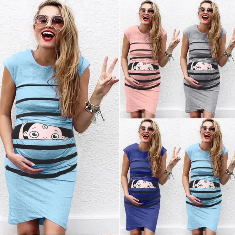 New Round Neck Short-Sleeved Letter Printing Maternity Dress Irregular Pleated Dress