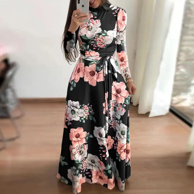 New Style Flower Print Short-sleeved Big Dress Women