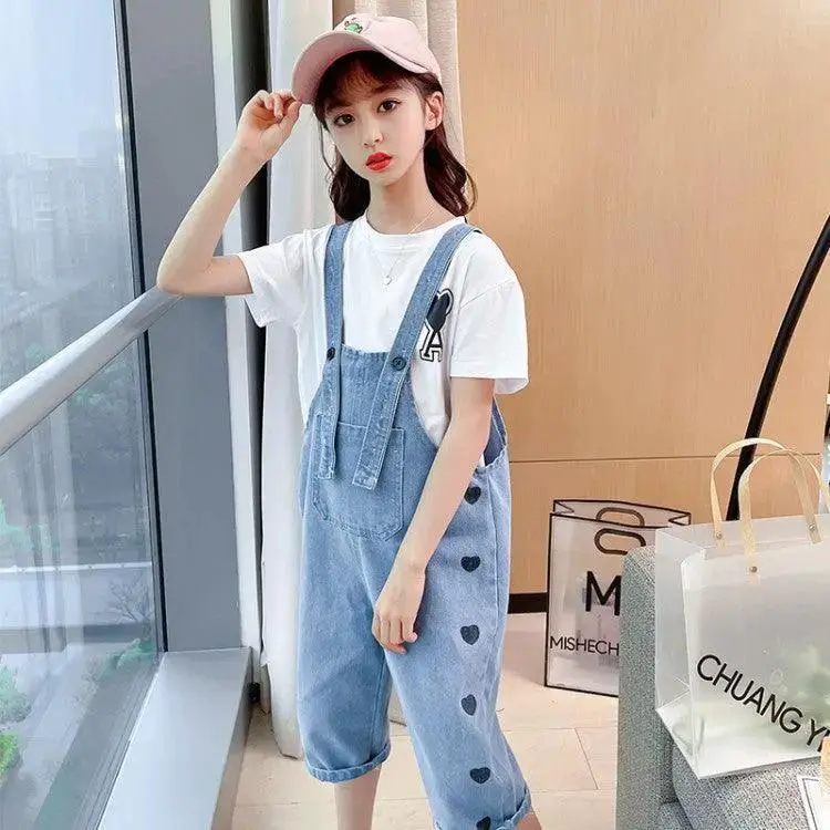 New Trendy White Cotton T Shirt Denim Bib Suit Cotton Girls Two Piece Clothing