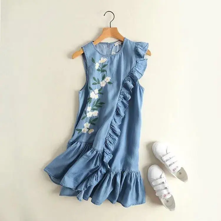 Oblique Side Fungus Floral Denim Vest Skirt