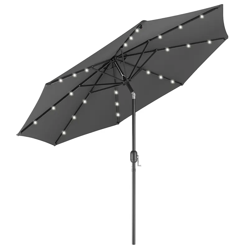 Ombrellone 270cm Luci Led Integrate Ricarica Solare Anti UV 8 Stecche Grigio