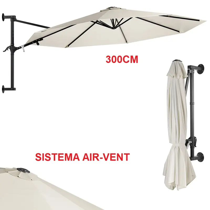 Ombrellone a Parete 300cm 8 stecche 180GR/MQ Sistema Air-Vent con Manovella Beige