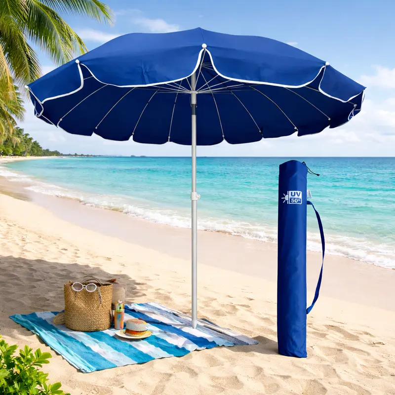 Ombrellone Mare 220 cm Antivento UV50+ 16 Stecche Fibra Palo Alluminio Inclinabile