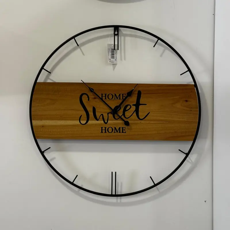 Orologio da Parete in Metallo Nero con Dettaglio in Legno