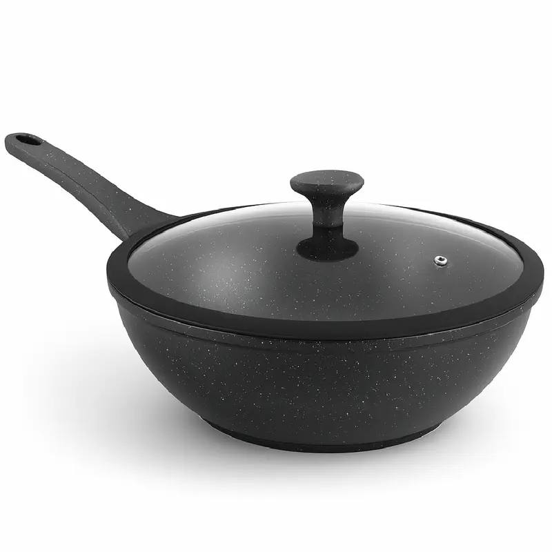 Padella Wok Antiaderente 30cm Alluminio Pietra con Coperchio Vetro Induzione Nero
