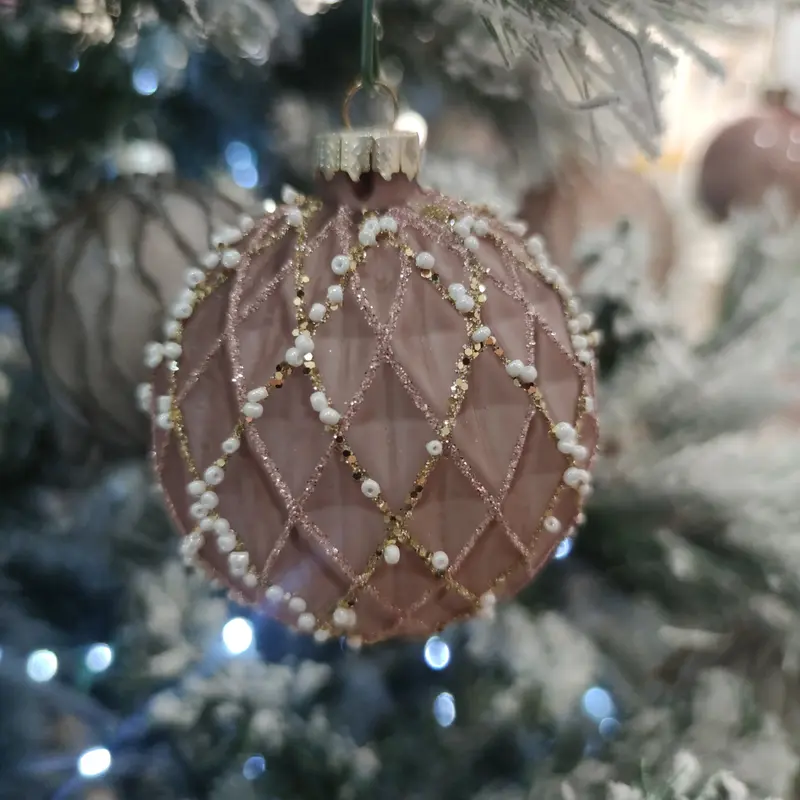 Pallina di Natale in Vetro Decorata a Mano – Rosa Antico