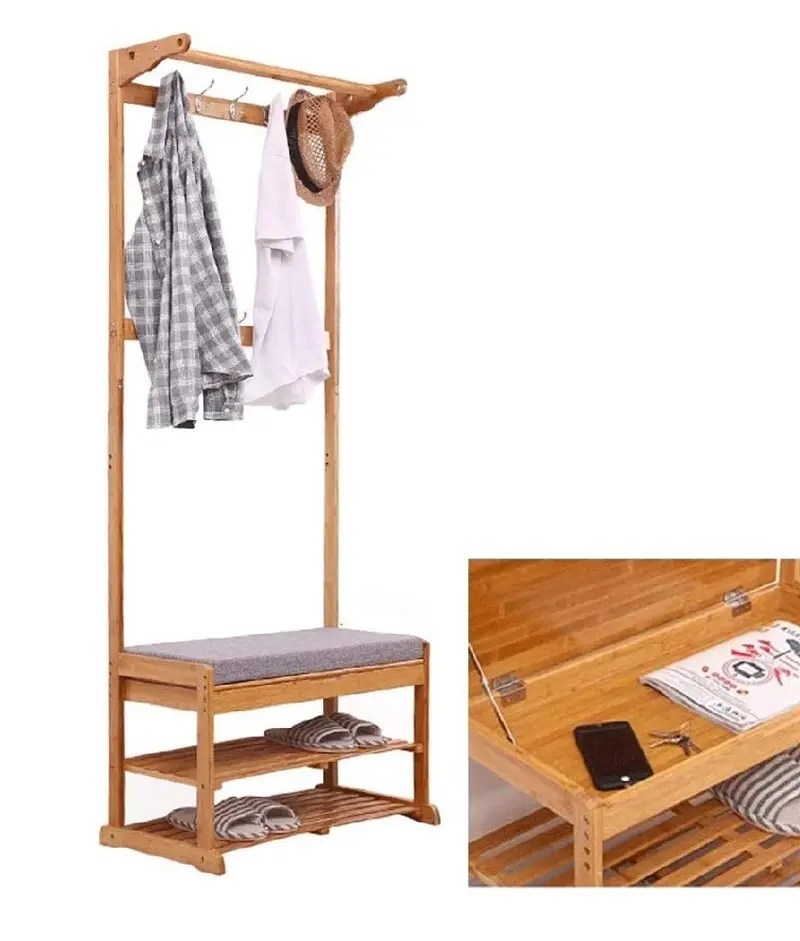 Panca con Appendiabiti Legno Bambù 9ganci Vano apribile Cuscino 70x40 H 175cm