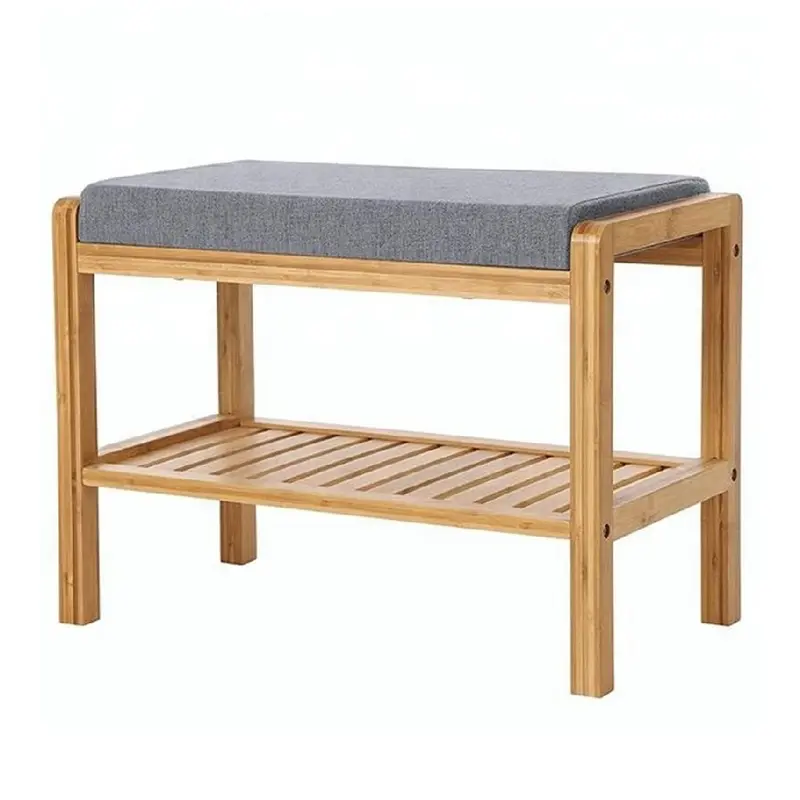 Panca In Legno Bambù con Ripiano e Cuscino Grigio 60x30 H 44 cm Camera Ingresso Bagno
