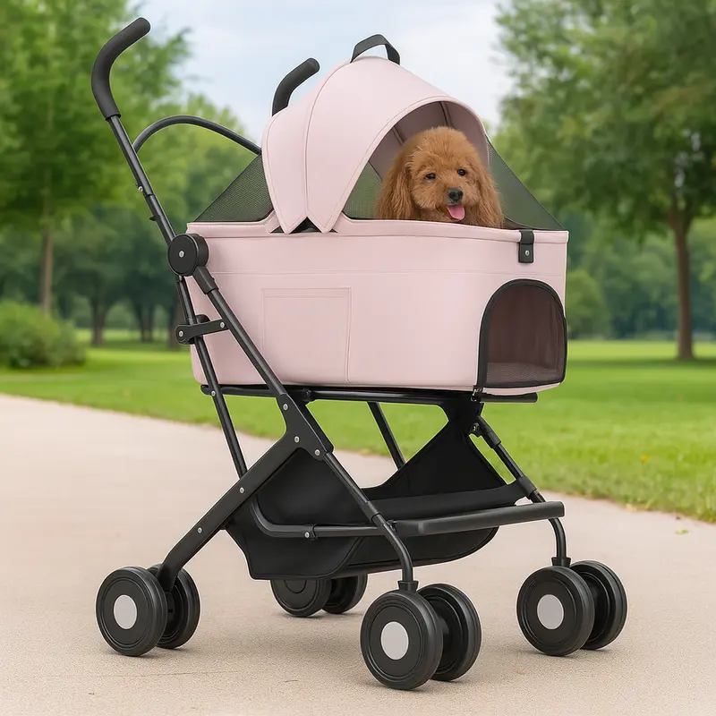 Passeggino Cani e Gatti 2in1 Trasportino Rimovibile e Struttura Pieghevole Robusta Rosa