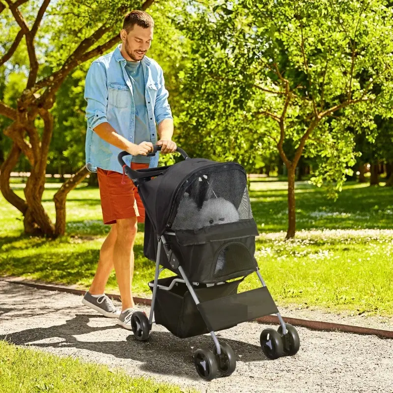 Passeggino Cani Gatto Pieghevole con Cestino Tettuccio, 75x46x94cm Nero