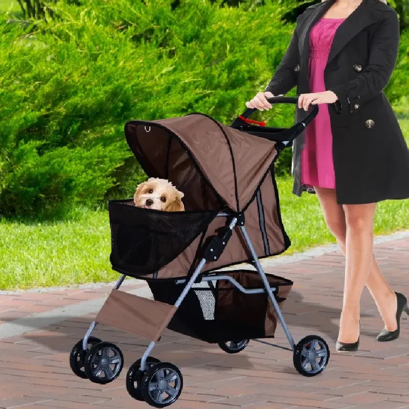 Passeggino Cani Pieghevole con Cestino Portabicchieri Tettuccio, 75x45x97cm Marrone