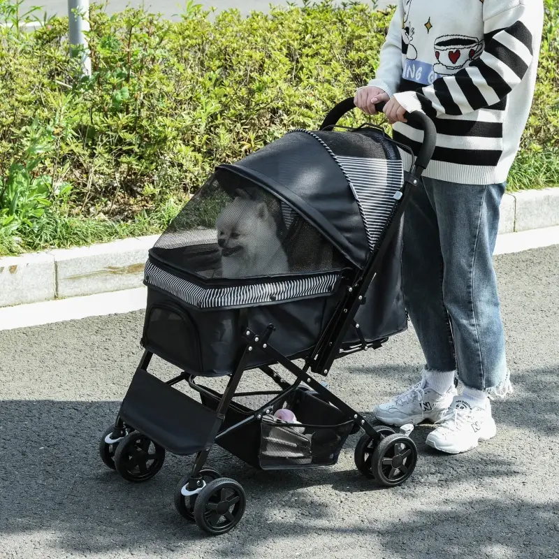 Passeggino Cani Pieghevole con Maniglione e Cestino Nero 76.5x52x95cm