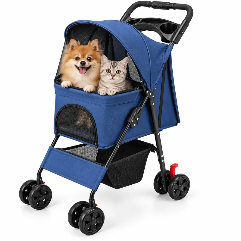 Passeggino per Cani e Gatti Pieghevole fino a 30 kg con Cestello Portaoggetti Blu