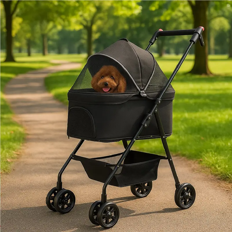 Passeggino per Cani Gatti 2in1 Cestello Rimovibile Pieghevole e Traspirante Nero