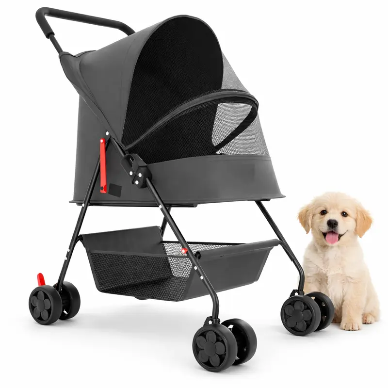 Passeggino Pieghevole per Cani e Gatti con Cappottina Max 15kg Animali Domestici Nero