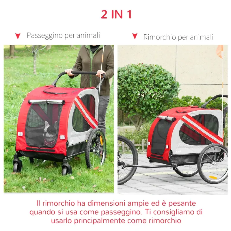 Passeggino Rimorchio Cani Struttura Acciaio Tessuto Oxford Rosso Cani Taglia Media
