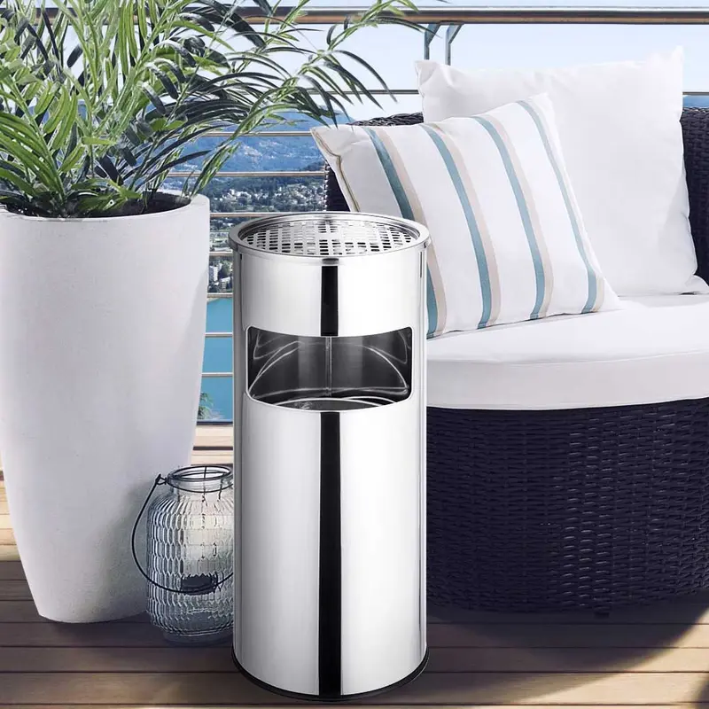 Pattumiera con Posacenere Estraibile in Acciaio Inox per Esterni e Interni Silver