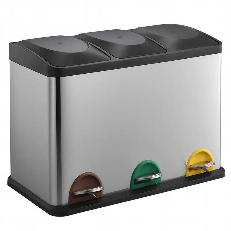 Pattumiera Raccolta Differenziata Acciaio 45LT 3 Scomparti con Pedale Silver Nero