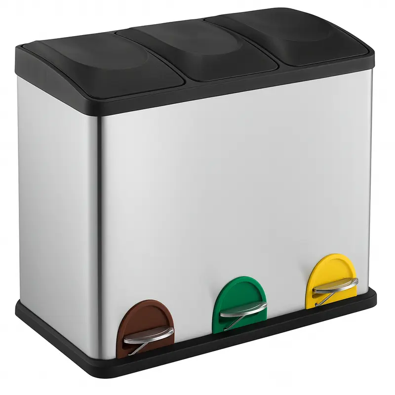 Pattumiera Raccolta Differenziata Acciaio 54LT 3 Scomparti con Pedale Silver Nero