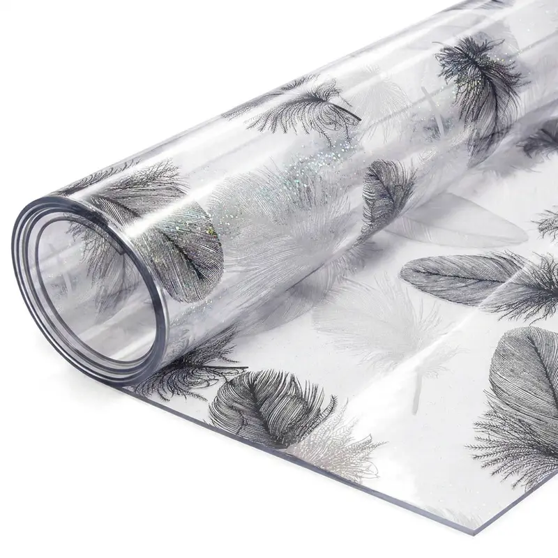 Pellicola Protettiva per Tavolo Effetto Glitter con Piume – Antigrasso, Impermeabile e Lavabile – Spessore 1 mm – Varie Misure