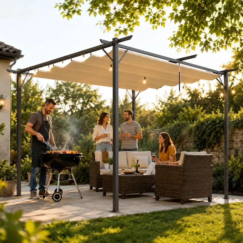 Pergola Gazebo Retrattile 3x4 Beige Anti UV Impermeabile da Giardino Esterno