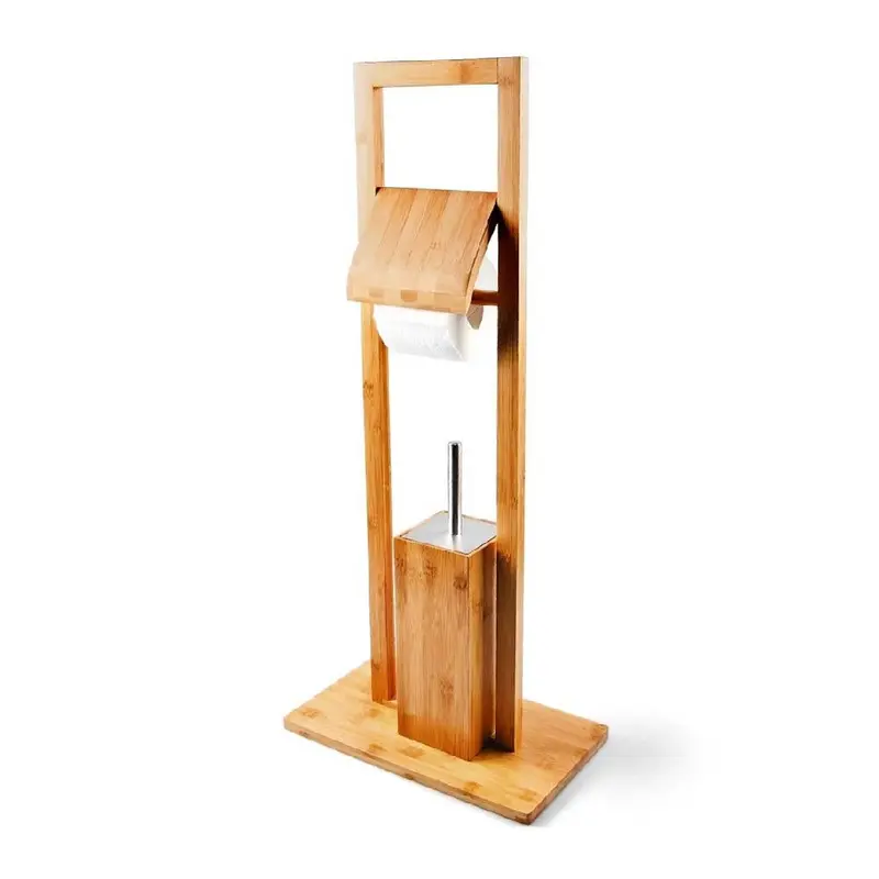 Piantana da Bagno Legno Bambù Porta Scopino e Porta Rotolo H 82 cm Stile Moderno