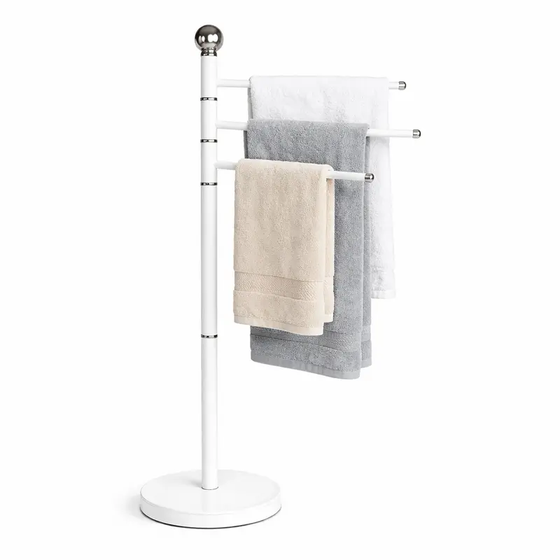 Piantana Porta Asciugamani da Bagno Acciaio Smaltato Base Tonda 3 Braccia Bianco