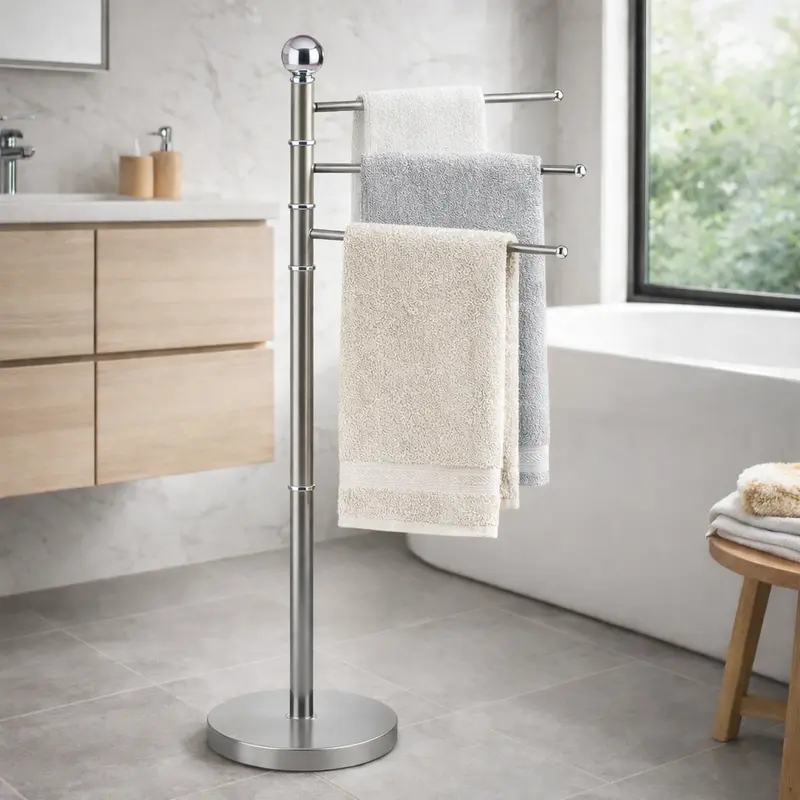 Piantana Porta Asciugamani da Bagno Acciaio Smaltato Base Tonda 3 Braccia Grigio