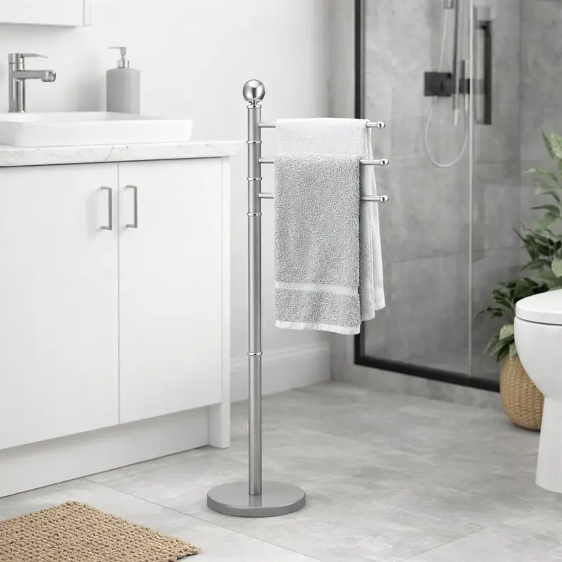 Piantane da Bagno Porta Asciugamani Acciaio Smaltato 3 Braccia Grigio Chiaro
