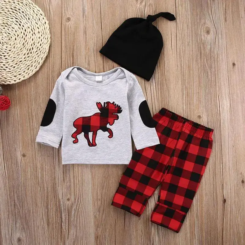 Plaid Moose Hat T-shirt Pants 3pcs Baby Outfit Set