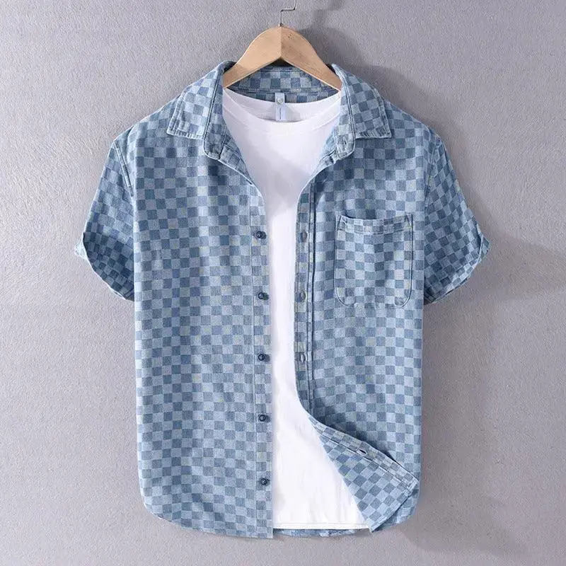 Plaid Short Sleeve Denim Shirt Casual All-match Cotton Shirt